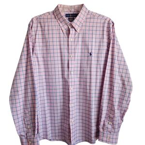 Ralph Lauren‎ XXL Mens Pink Classic Fit Plaid Performance L/S Shirt Untucked Fit
